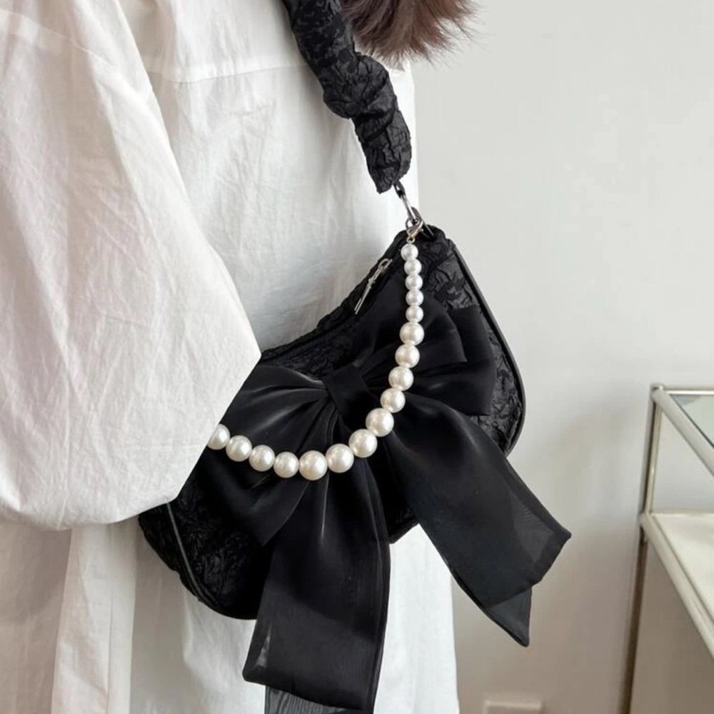 Black lace crossbody bag with pearl top handle & ribbon bow | Coquette Style NWT - Picture 5 of 11